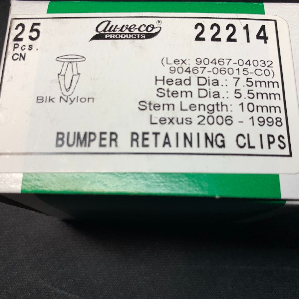 25 Auveco 22214 Front & Rear Bumper Retaining Clip Black Nylon