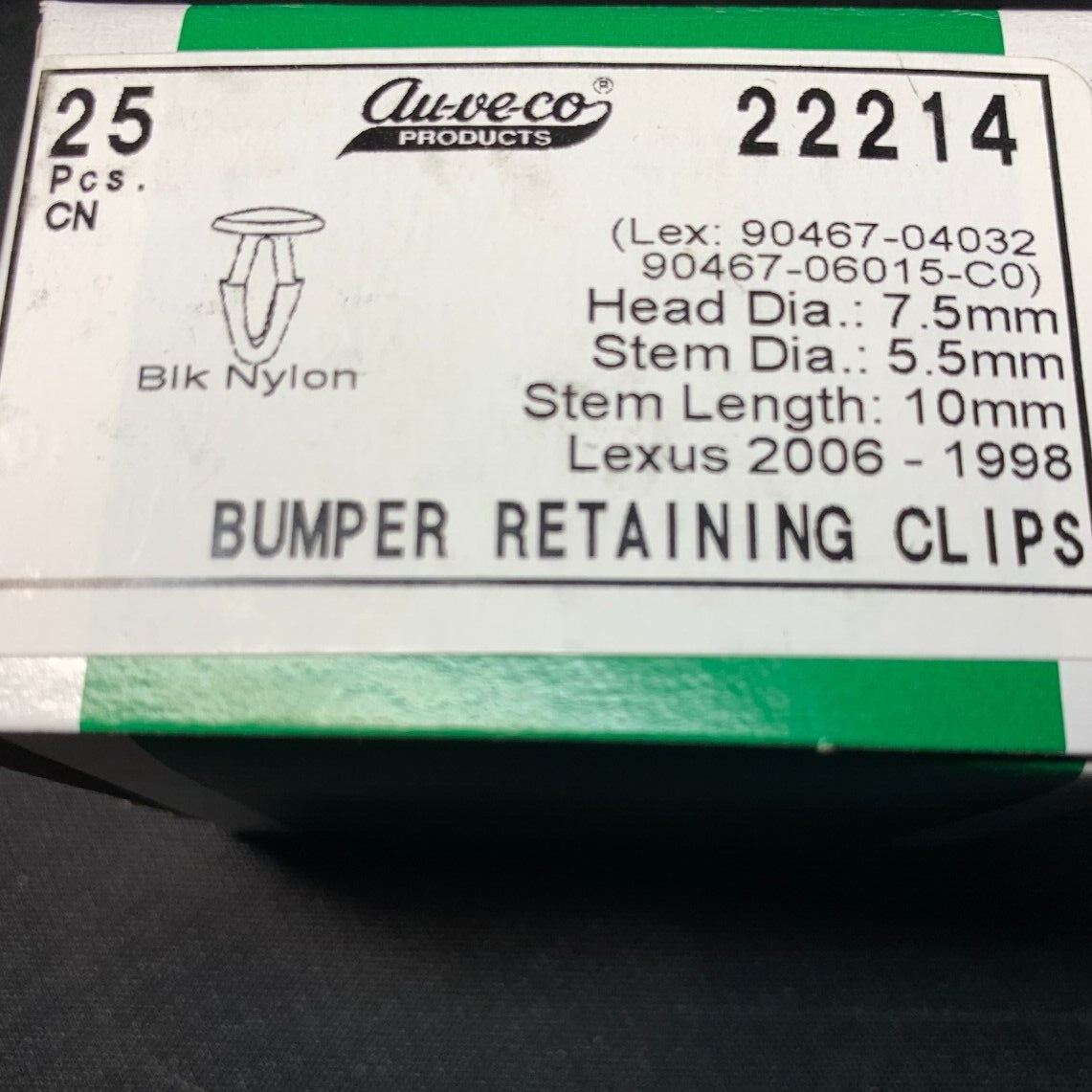 25 Auveco 22214 Front & Rear Bumper Retaining Clip Black Nylon