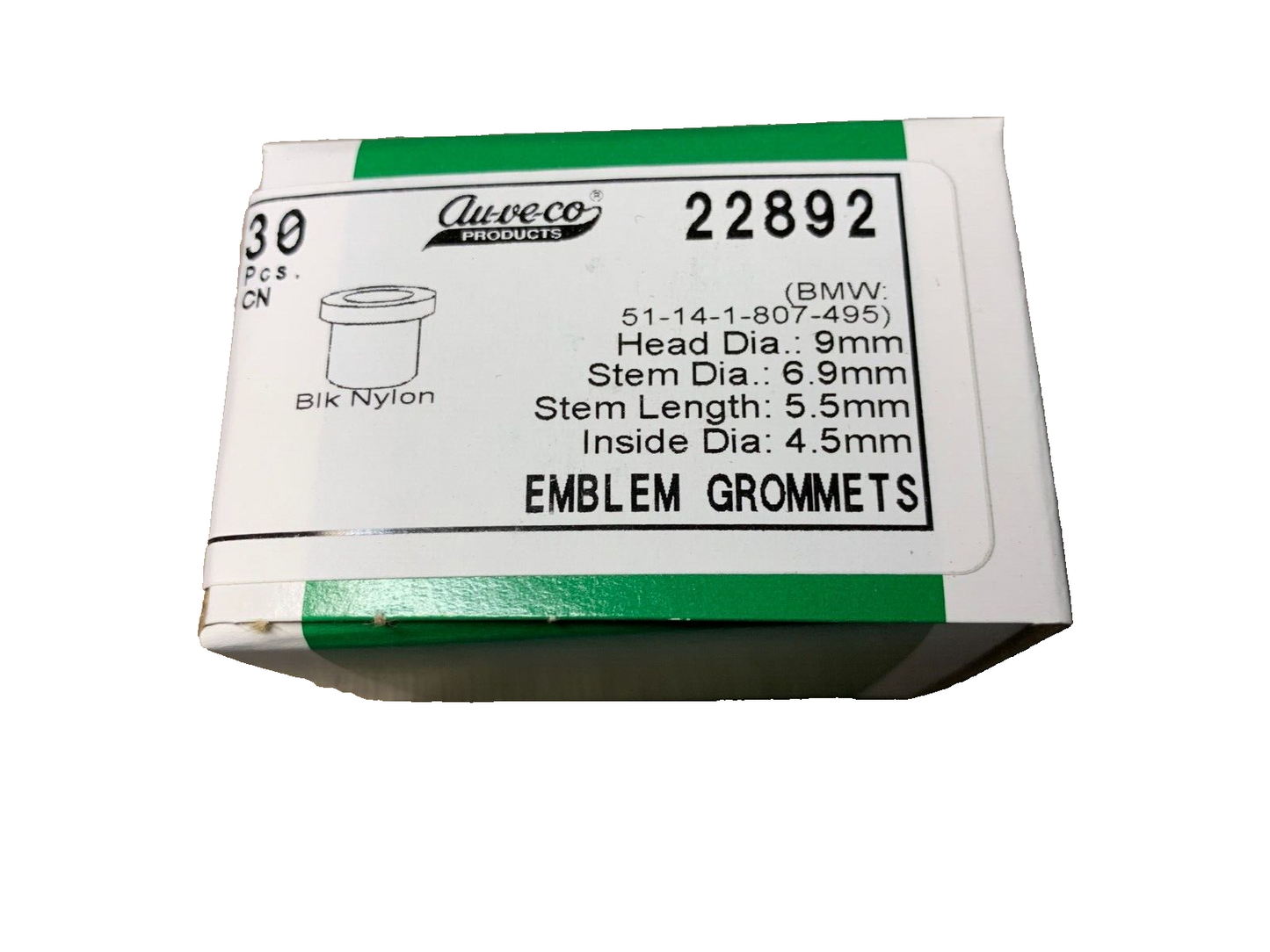 30 Auveco 22892 Emblem Grommet, 9mm Head, 4.5mm ID, for BMWW 51-14-1-807-495