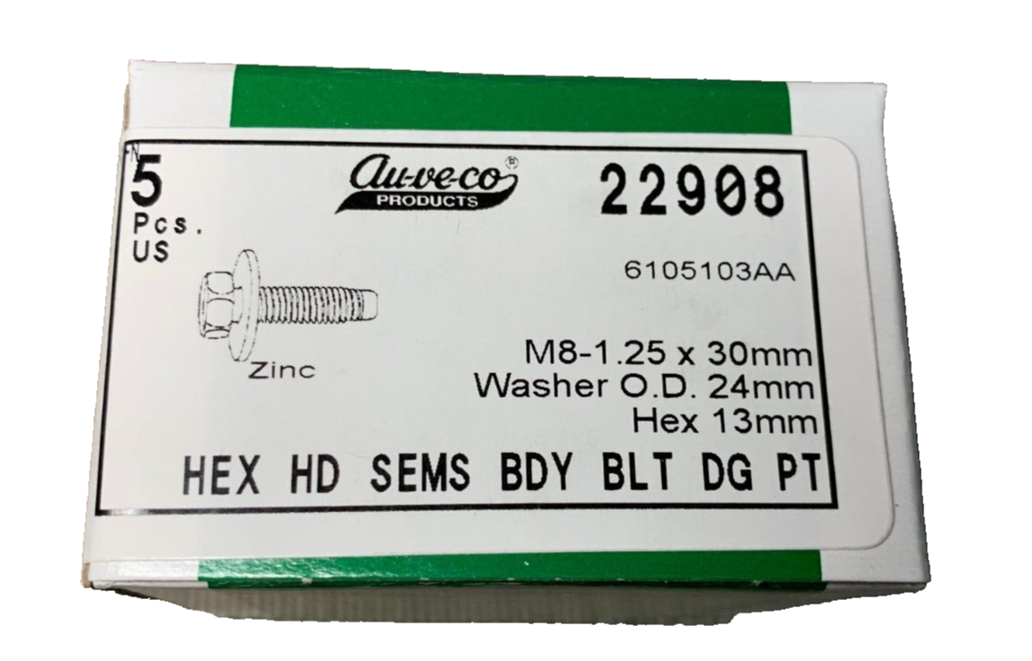 5 Auveco 22908 Hex Head SEMS Body Bolt Zinc M8-1.25 x 30mm