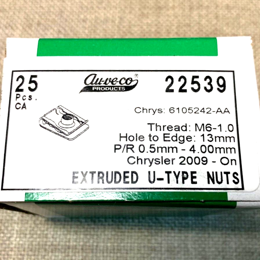 25 Auveco 22539 Extruded U-Nut, 13mm Hole Center to Edge, Chrys. 6105242-AA