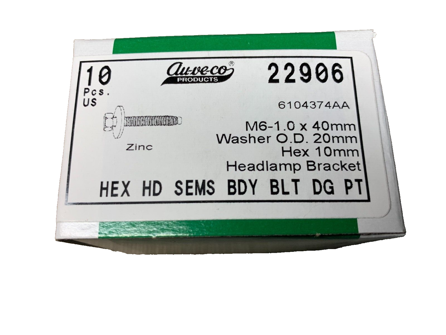 10 Auveco 22906 Hex Head SEMS Body Bolt Zinc M6-1.0 x 40mm