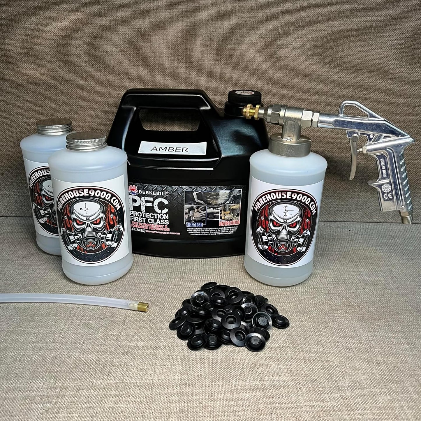 Gallon PFC Amber, Pro Undercoating Spray Gun, 24" Straight Wand, 3 White Quart Bottle, and 50 Rust Plugs