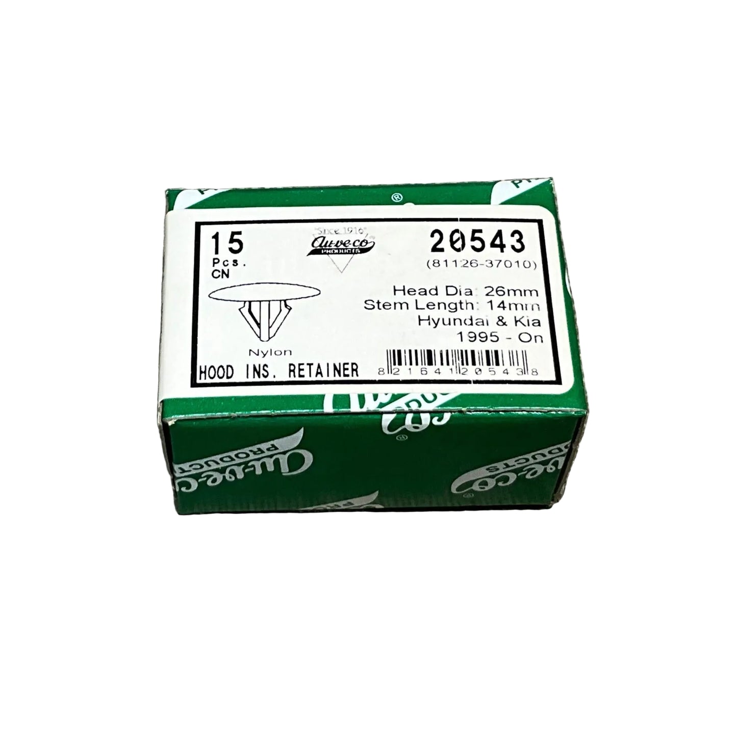 15 Hood Insulation Retainers Auveco 20543 Hyundai : 81126-37010 From 1995 - On