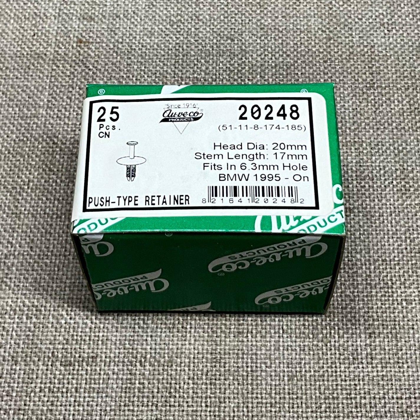 25 Bumper Trim Push Type Retainers Auveco 20248 BMW : 51-11-8-174-185, 1995 On