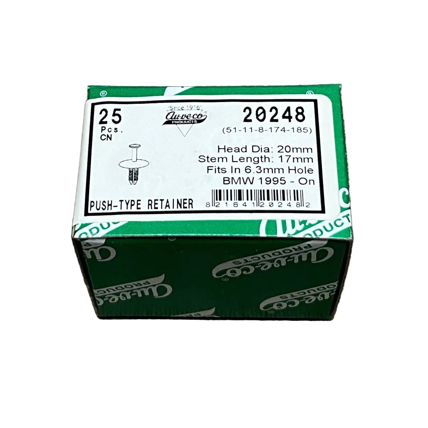 25 Bumper Trim Push Type Retainers Auveco 20248 BMW : 51-11-8-174-185, 1995 On