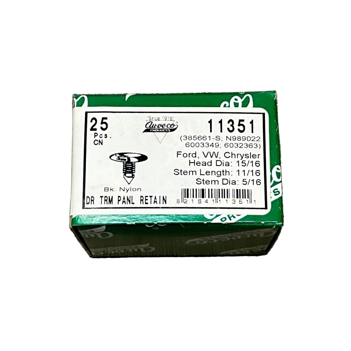 25 Door Trim Panel Retainers Auveco 11351 Ford: 385661-S Chry: 6003349, 6032363