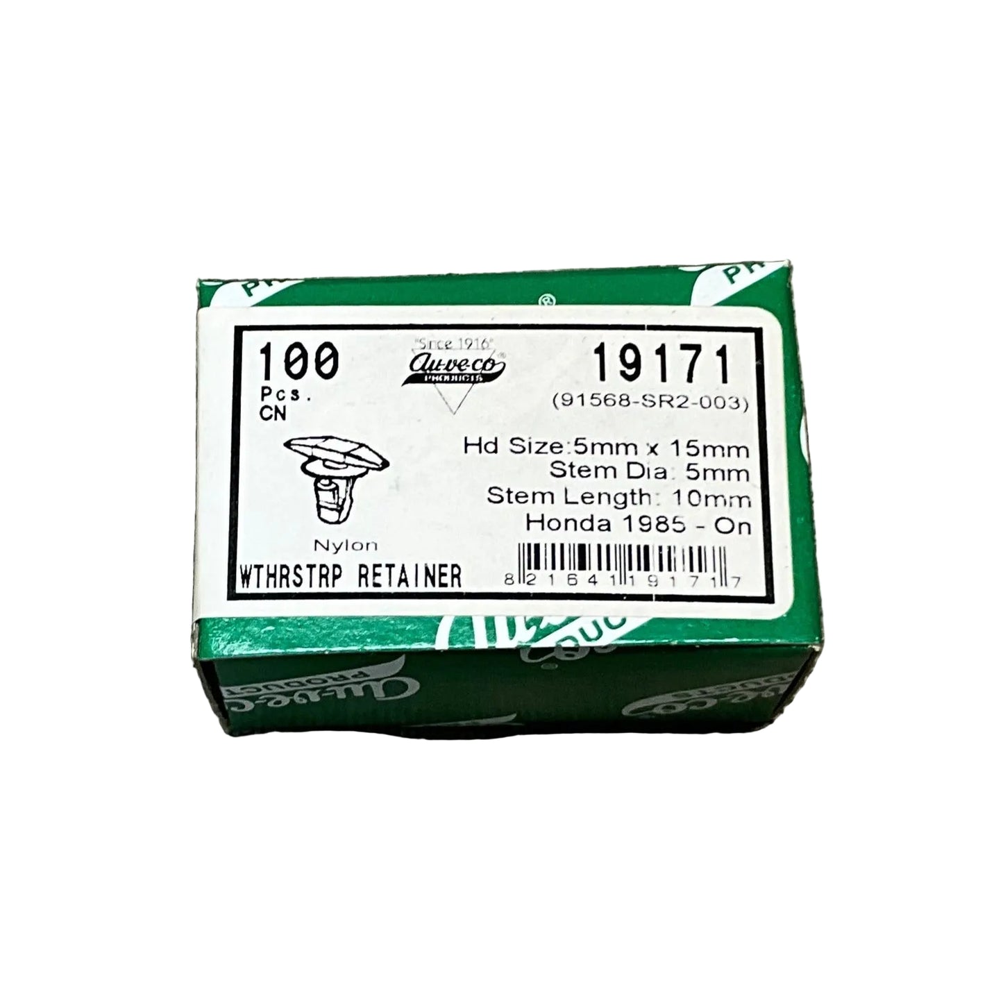 100 Weatherstrip Retainers Auveco 19171 Honda Odyssey: 91568-SR2-003; 1985-On