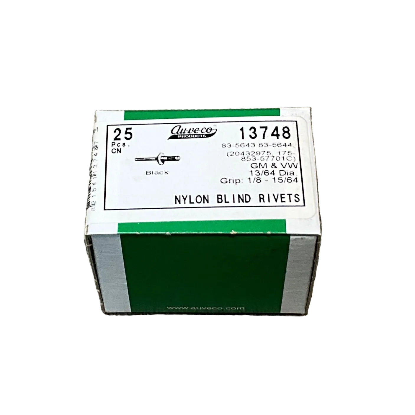 25 Nylon Blind Rivets Auveco 13748 For GM : 20432975 & VW : 175-853-57701C