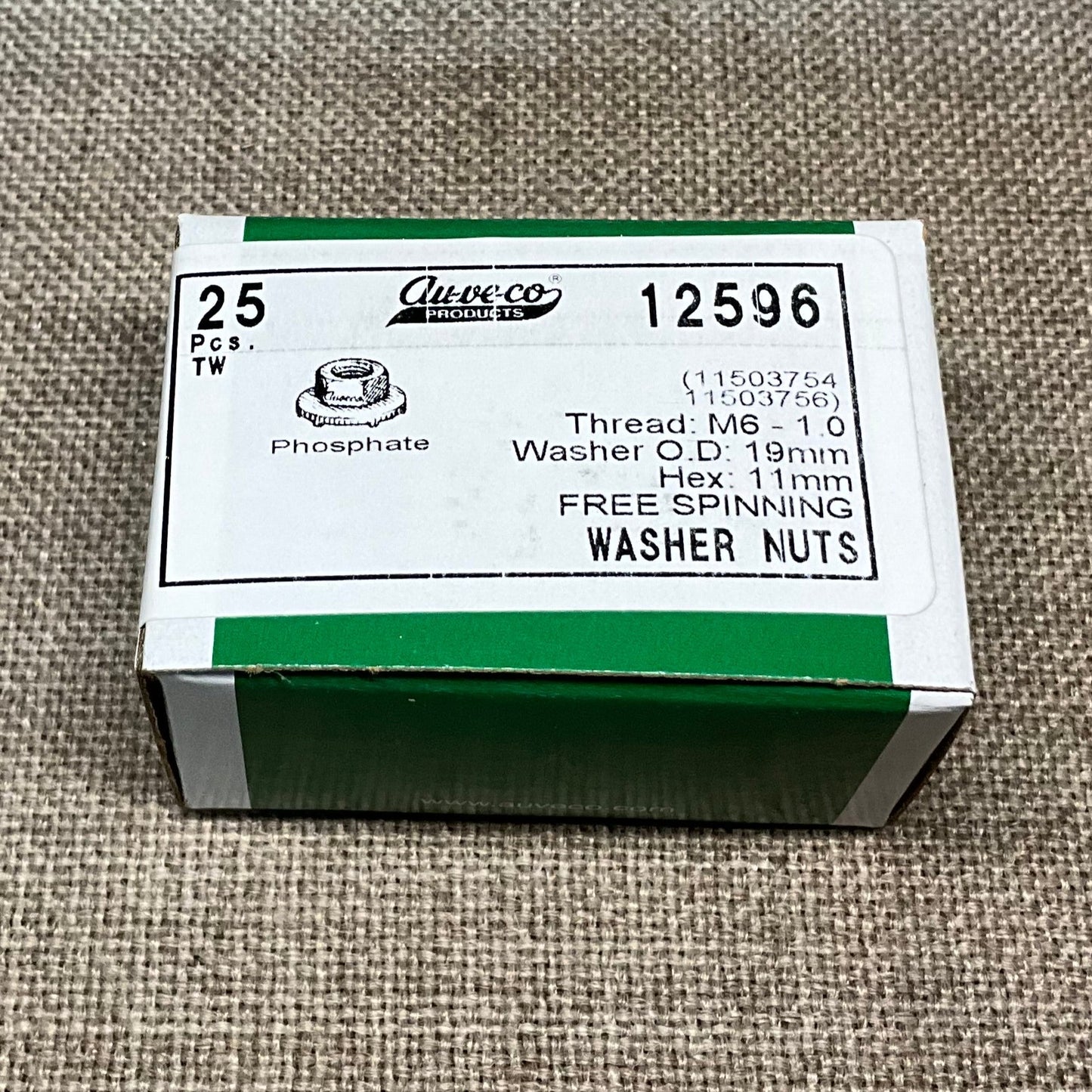 25 Pc Auveco 12596 Free Spinning Washer Nut M6-1.0 6mm O.D. 19 mm Hex 11 mm