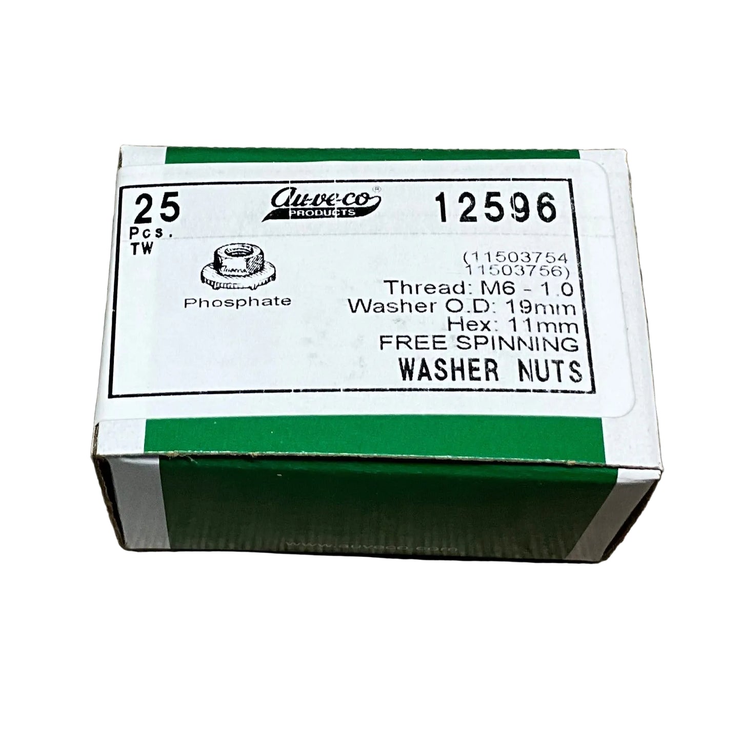 25 Pc Auveco 12596 Free Spinning Washer Nut M6-1.0 6mm O.D. 19 mm Hex 11 mm
