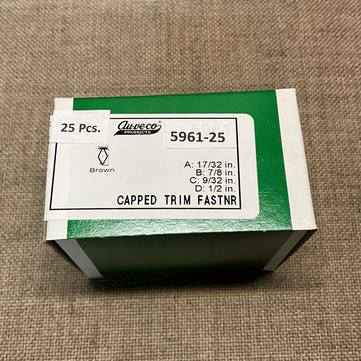 25 Pcs Capped Trim Fasteners 17/32" Head 7/8" Stem for 9/32" Hole Aveco 5961-25