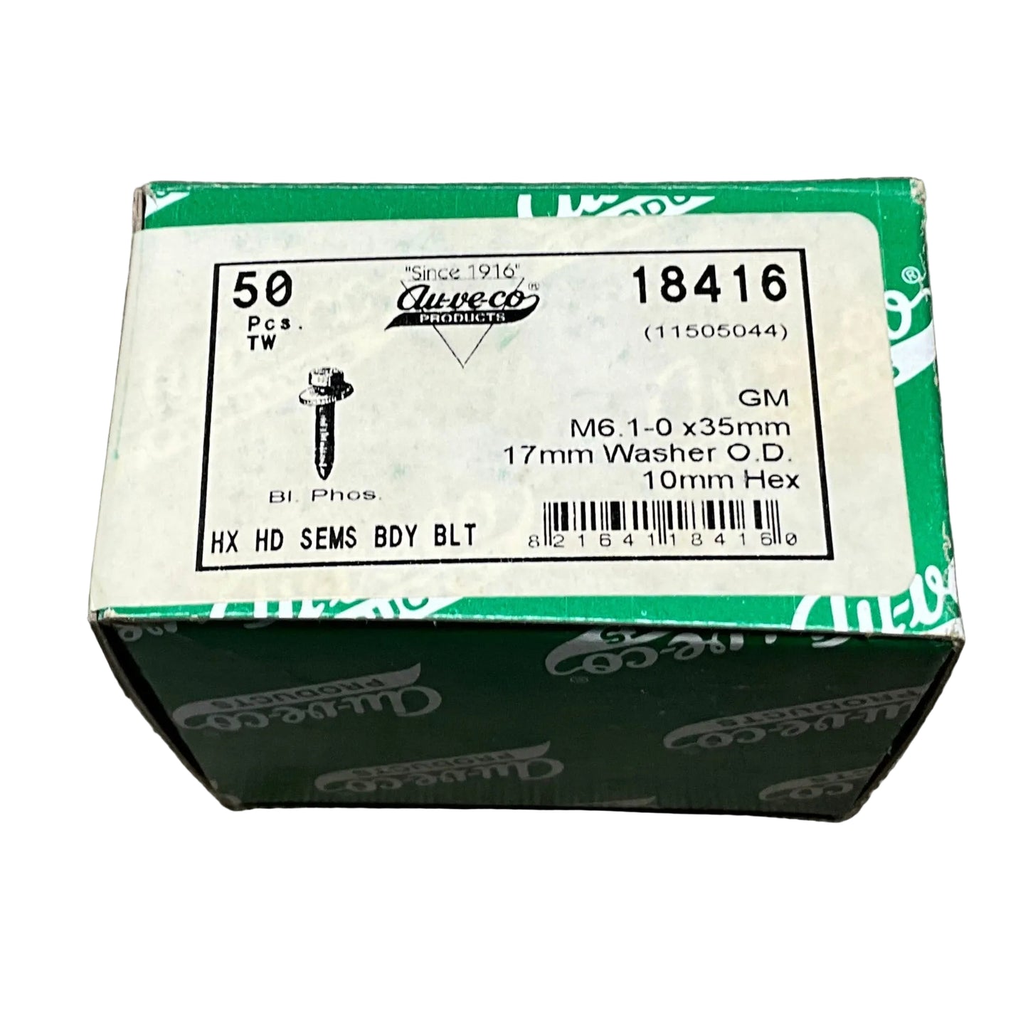 50 Hex Head Sems Body Bolts Auveco 18416 GM OEM : 11505044 General Purpose