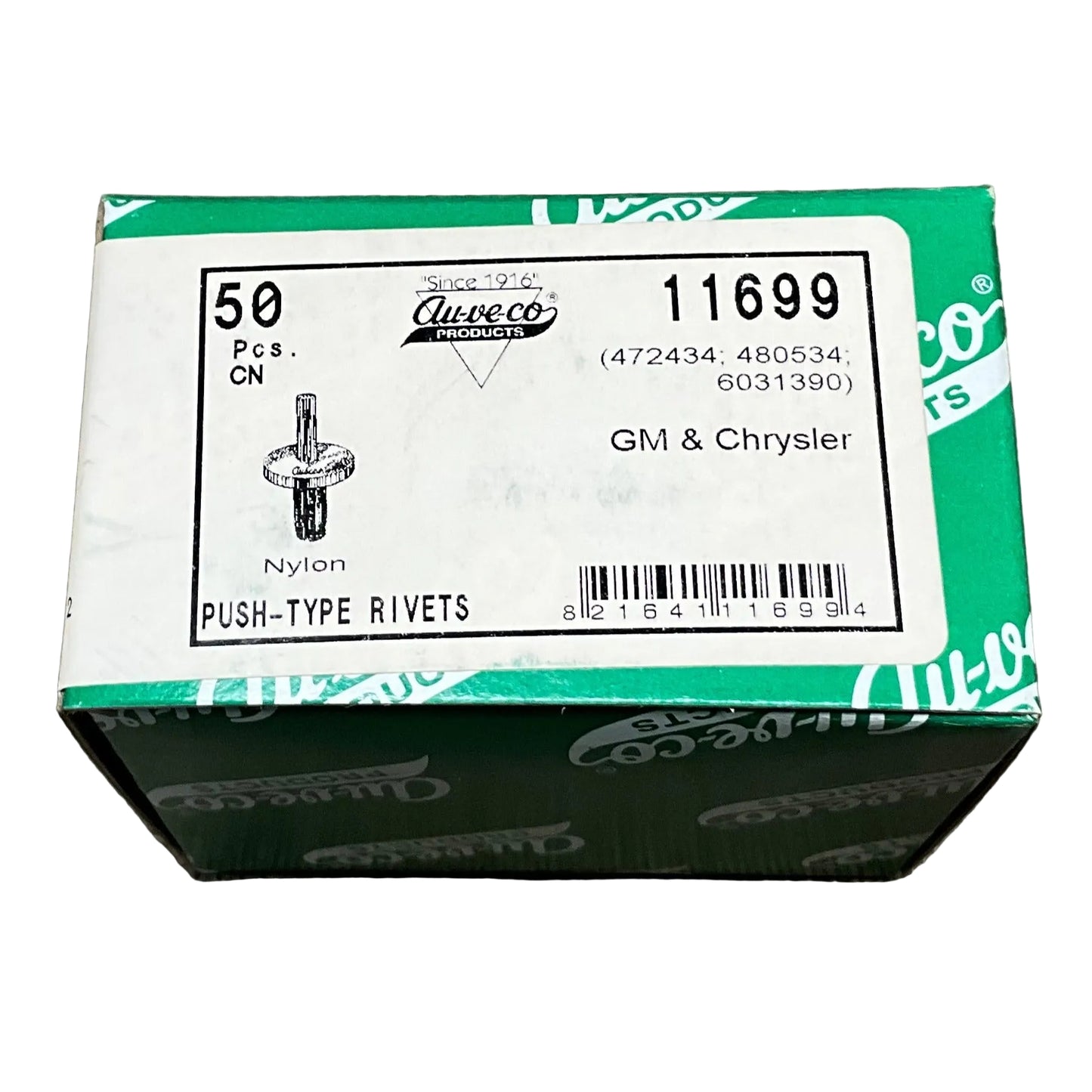 50 Push Type Rivets Auveco 11699 OEM GM: 472434 and OEM Chrysler: 6031390