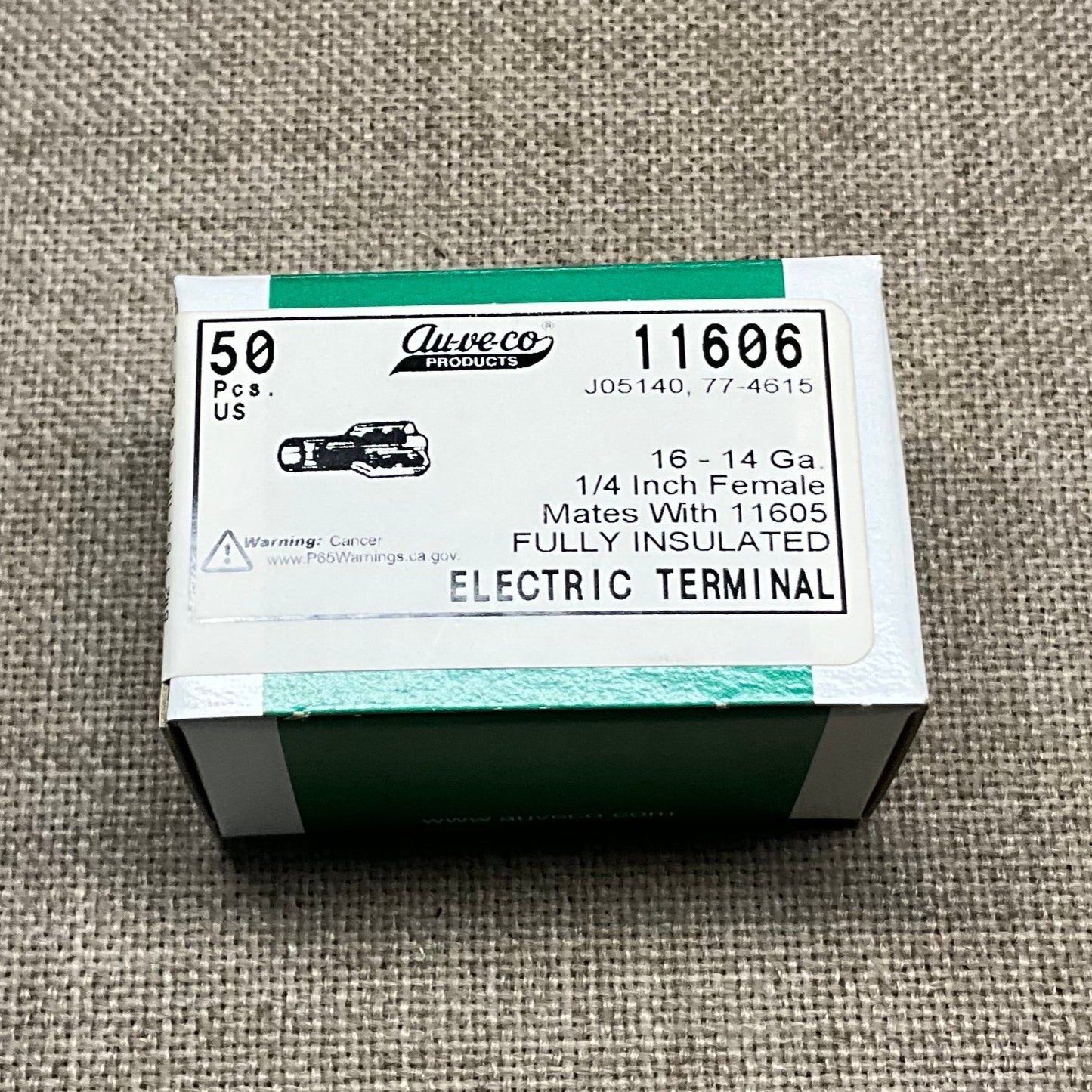 Auveco 11606 Fully Insulated Female Electric Terminal, 16-14 Ga, Qty 50