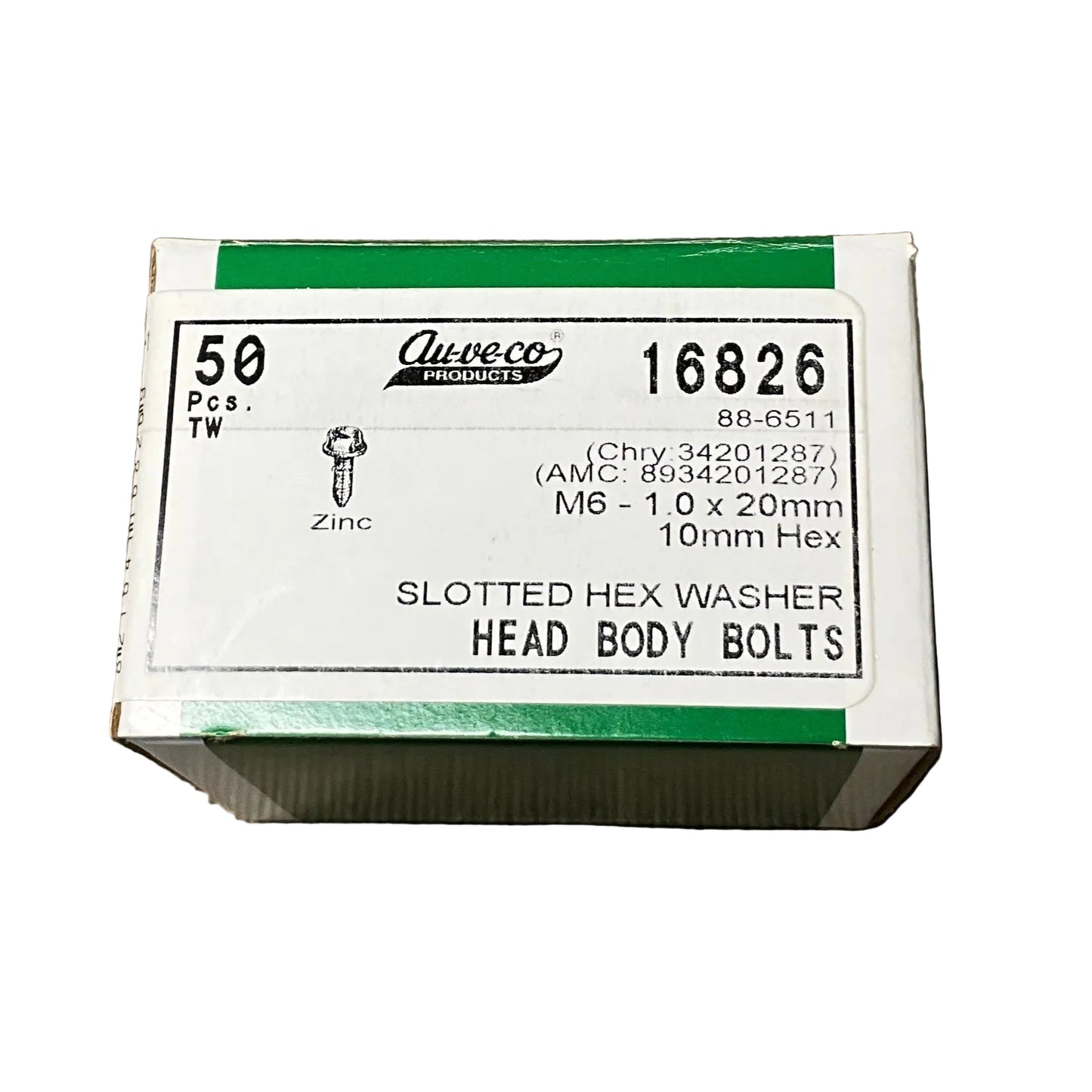 AUVECO 16826 SLOTTED HEX WASHER HEAD ZINC M6-1.0 X 20MM QTY 50