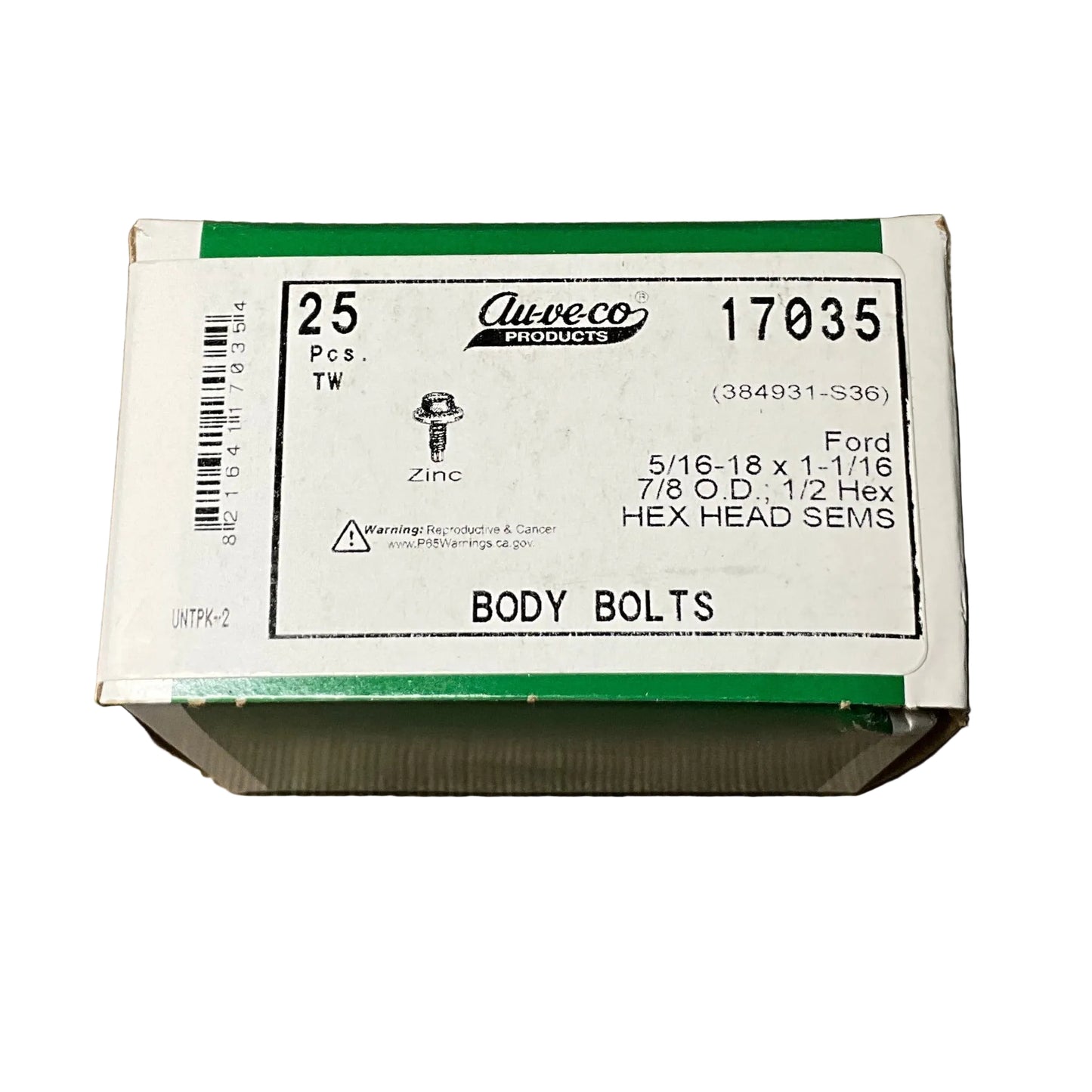 Auveco 17035 Body Bolts, Ford 384931-S36, 5/16-18 x 1-1/16, 7/8 OD, 1/2 Hex