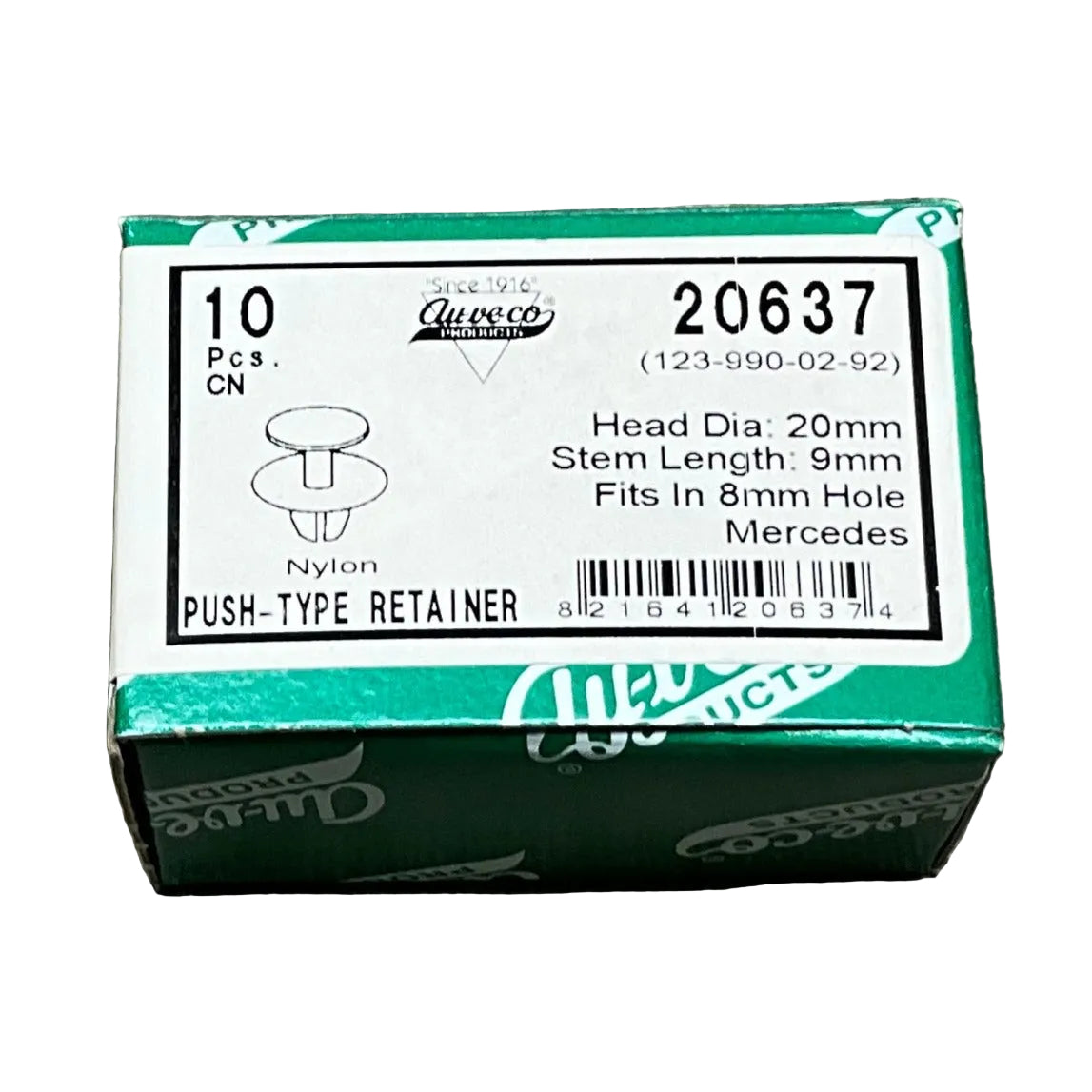 Auveco 20637 Push Type Retainers Head Dia: 20mm Stem Length 9mm Fits 8mm Hole