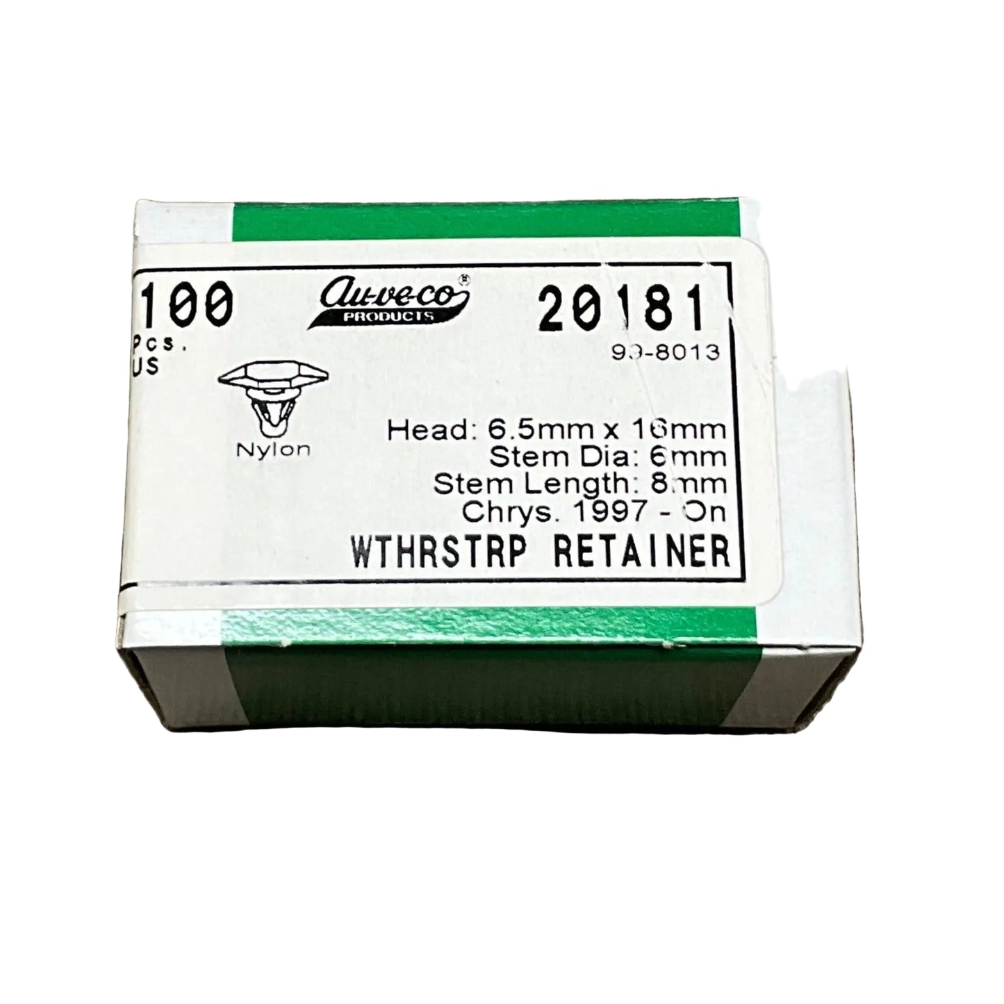 Auveco 20181 Chrystler Weatherstrip Retainer White Nylon 100 pcs.