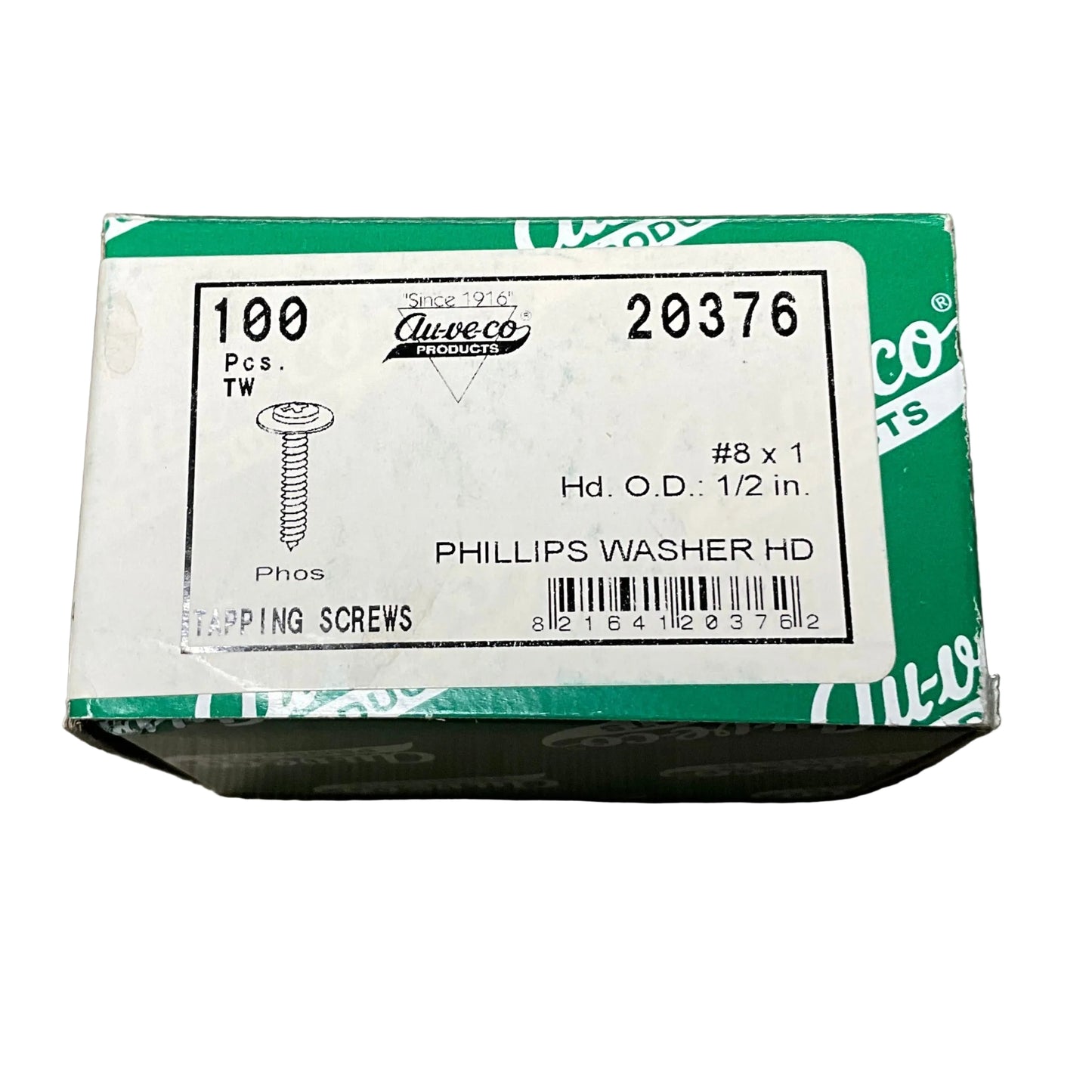 Auveco 20376 Phillips Round Washer Head Tap Screw #8 x 1 100 pcs.
