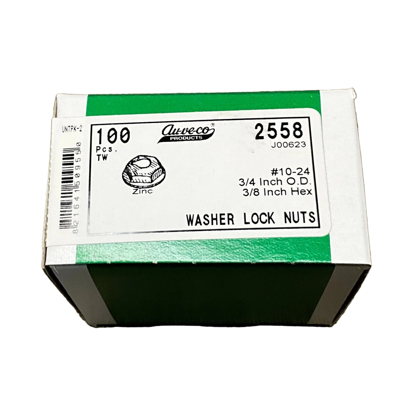 Auveco 2558 Washer Lock Nut #10-24-3/4 O.D. 3/8" hex 100 Pcs.