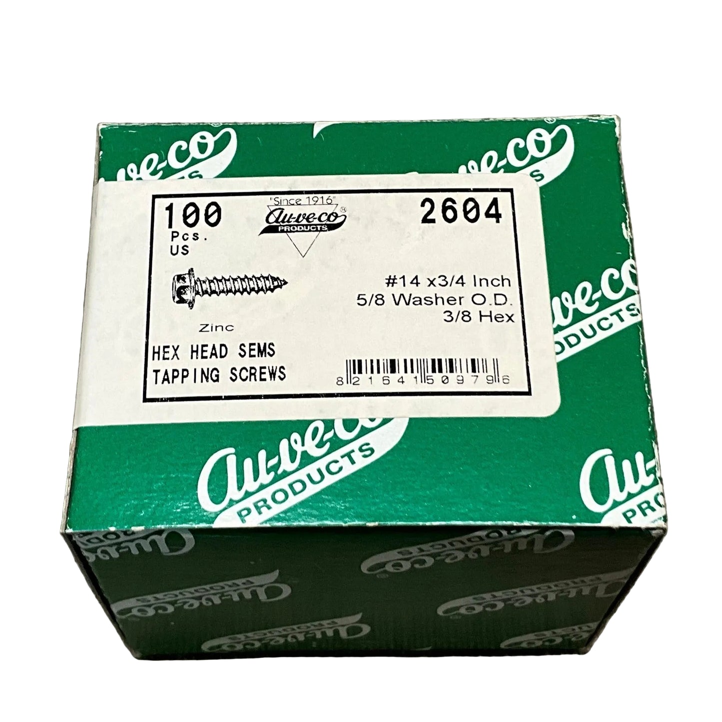 Auveco 2604 #14 X 3/4" Hex Head Sems Tapping Screws Zinc 100 Pcs.