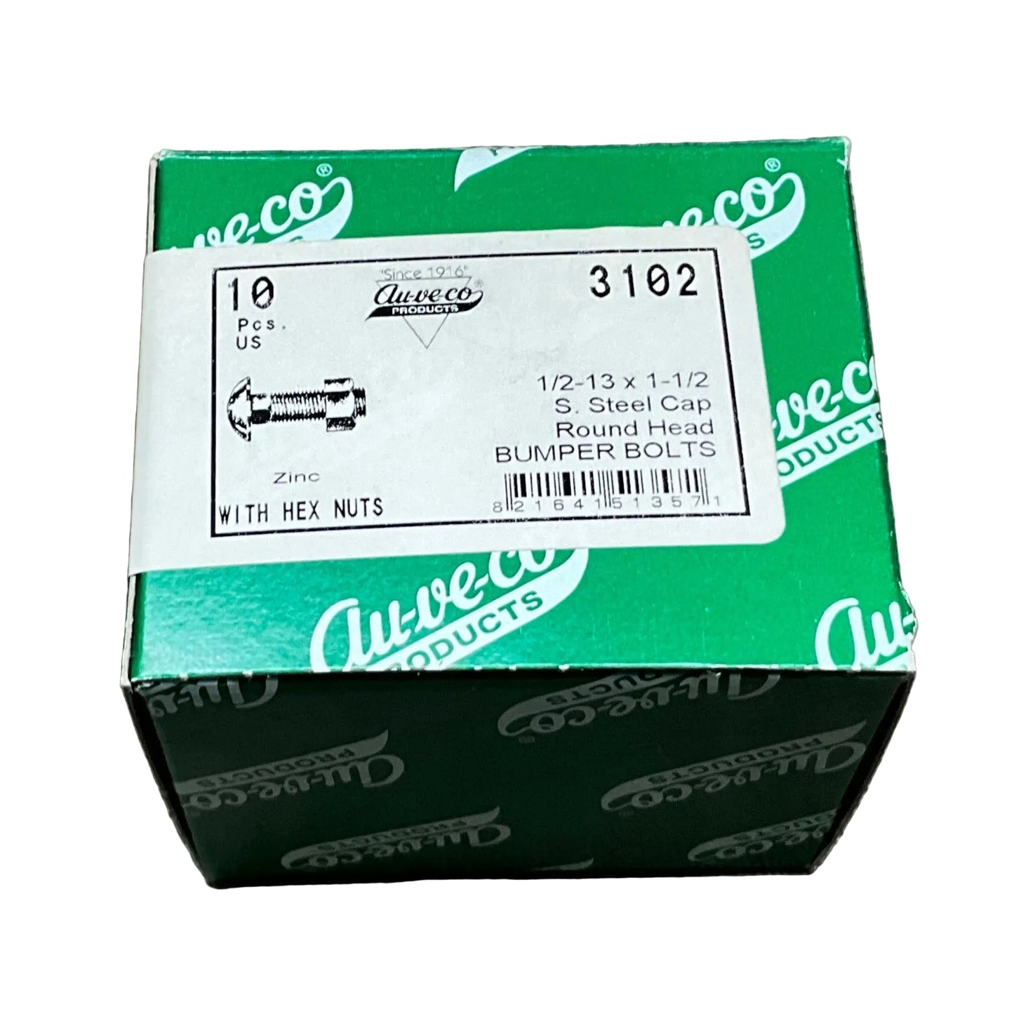 Auveco 3102 10 PC 1/2-13 X 1-1/2 S.S. Cap Zinc Bumper Bolts w/Nuts Made in USA