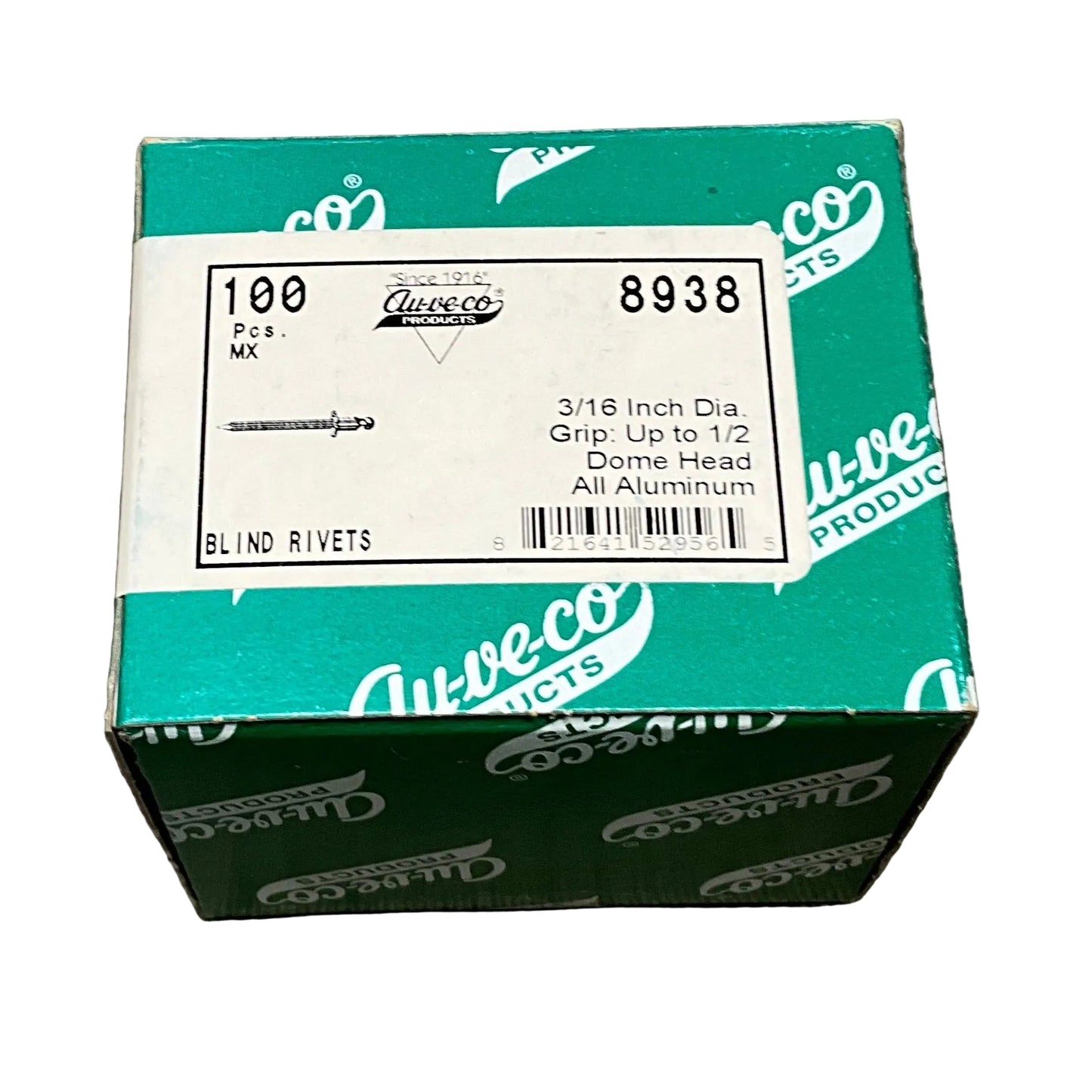 Auveco 8938 Aluminum Blind Rivets, 3/16" Shank x 11/16", Dome 3/8" Flange 100 Pc
