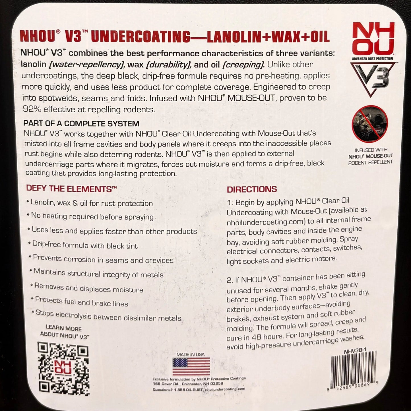 NHOU V3 undercoating lanolin wax oil product label with features, directions, and rust prevention details
