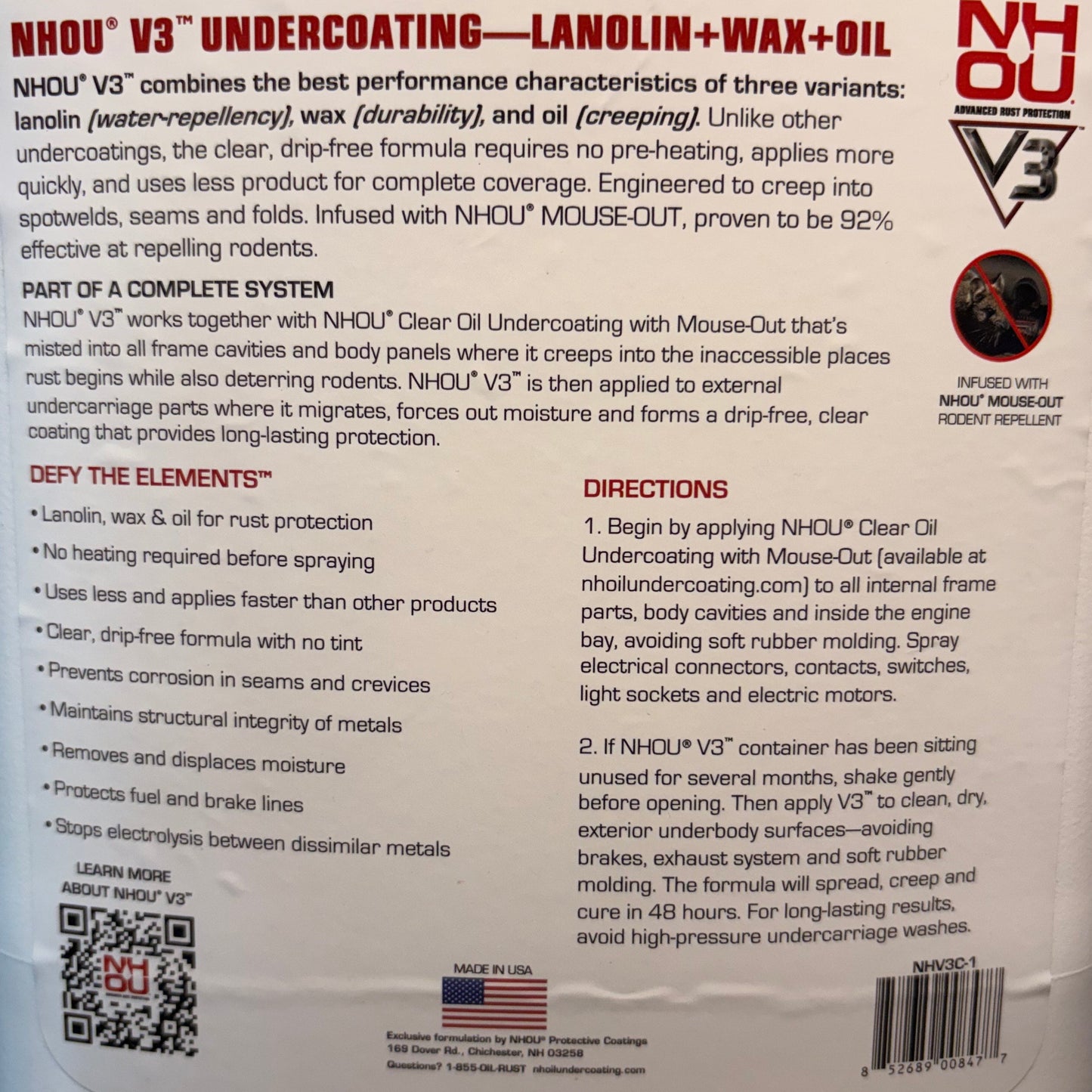 NHOU V3 clear undercoating lanolin wax oil product label with features, directions, and rust prevention details