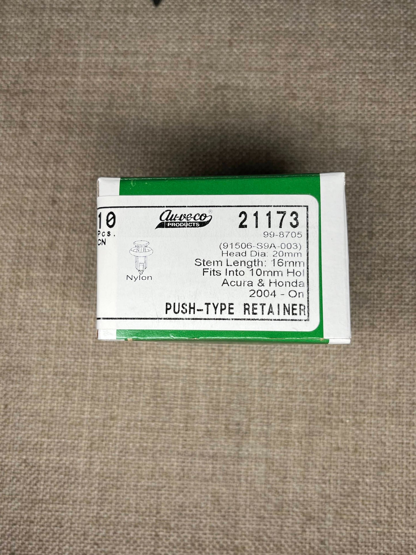 10 Ct Push Type Retainer 20mm Hd. 10mm Hole 16mm Stem Acura Honda Auveco 21173