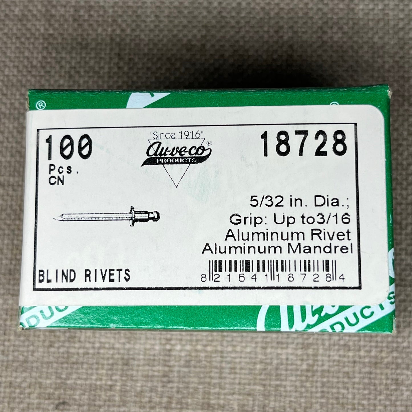 100 Auveco 18728 Aluminum Blind Rivets, 5/32" Shank x 11/32", Dome 5/16" Flange