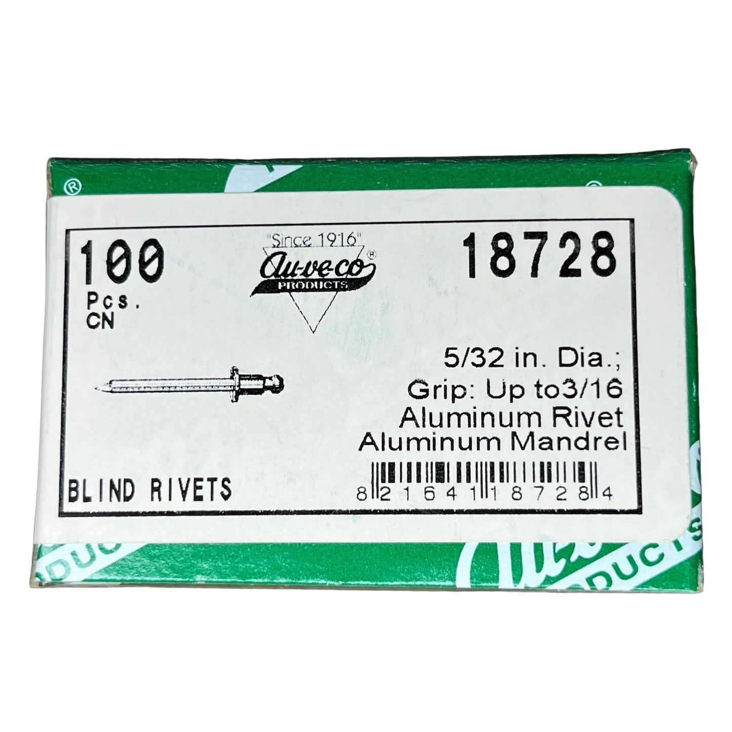 100 Auveco 18728 Aluminum Blind Rivets, 5/32" Shank x 11/32", Dome 5/16" Flange