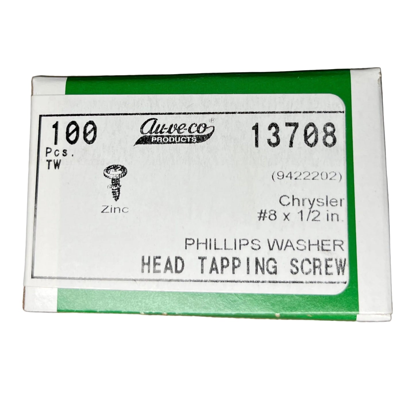 100 CT Phillips Flat Top Washer HD Tapping Screw #8-18 X 1/2" Auveco 13708