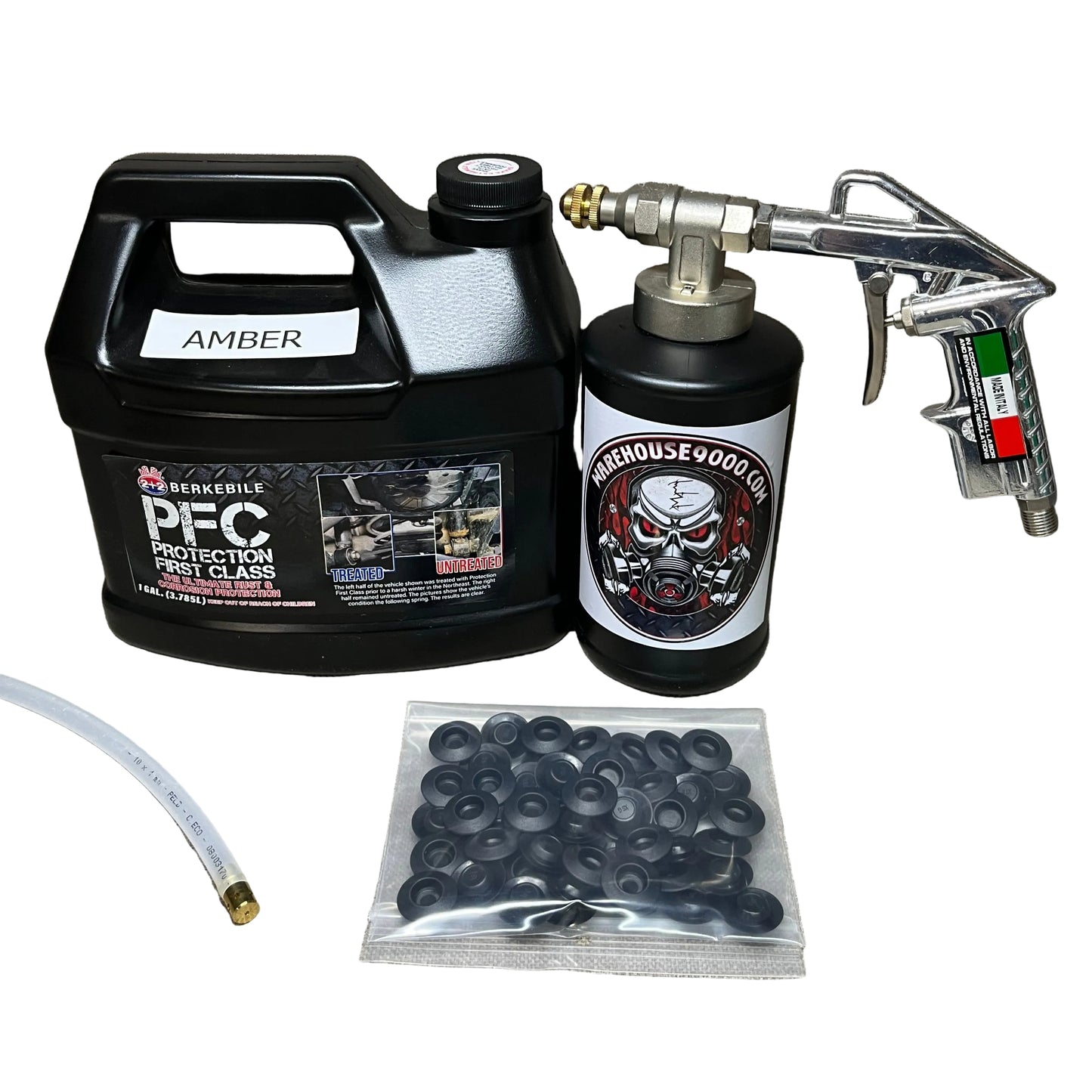 Berkebile PFC Amber Pro undercoating spray gun with bottle and rust protection fluid for automotive undercoating application