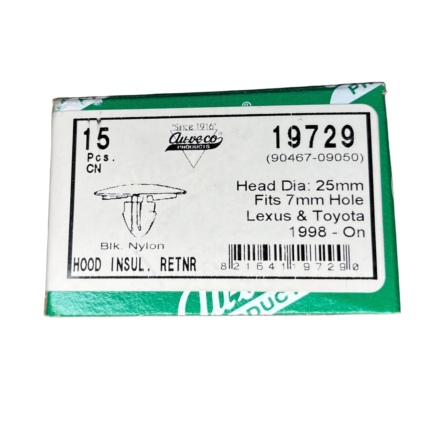 15 Auveco 19729 Tooyota Hood Insulation Clip 25mm Hd Dia.