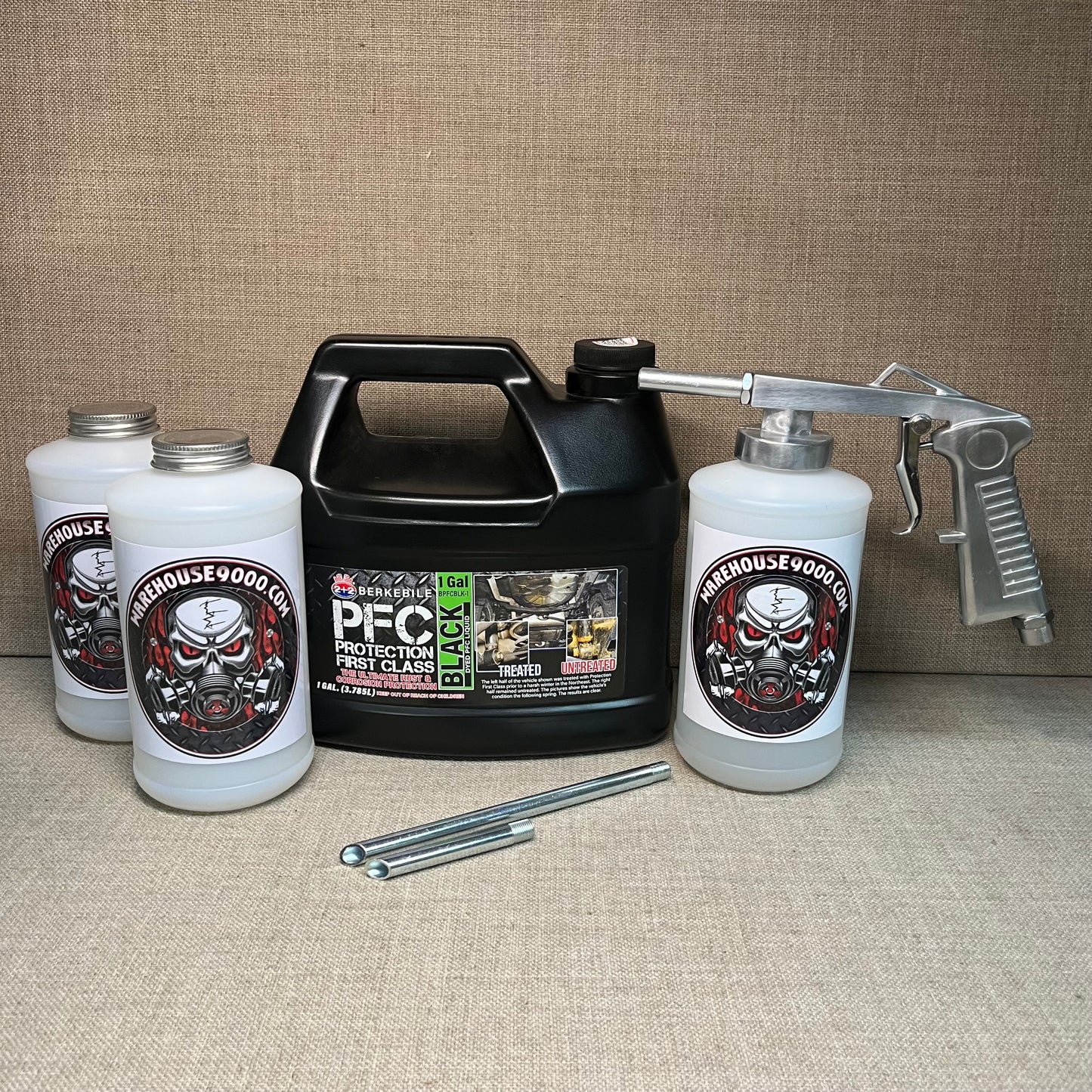 Gallon PFC Black, Standard Undercoating Gun, and 3 White Quart Bottles