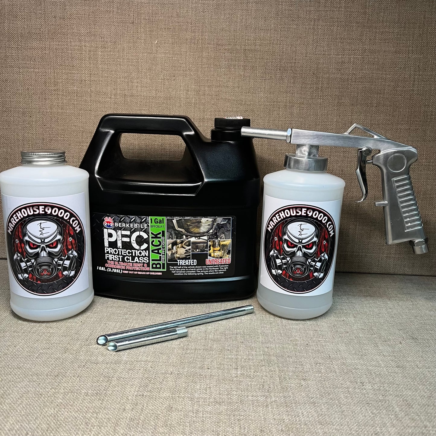 Gallon PFC Black, Standard Undercoating Gun, and 2 White Quart Bottles