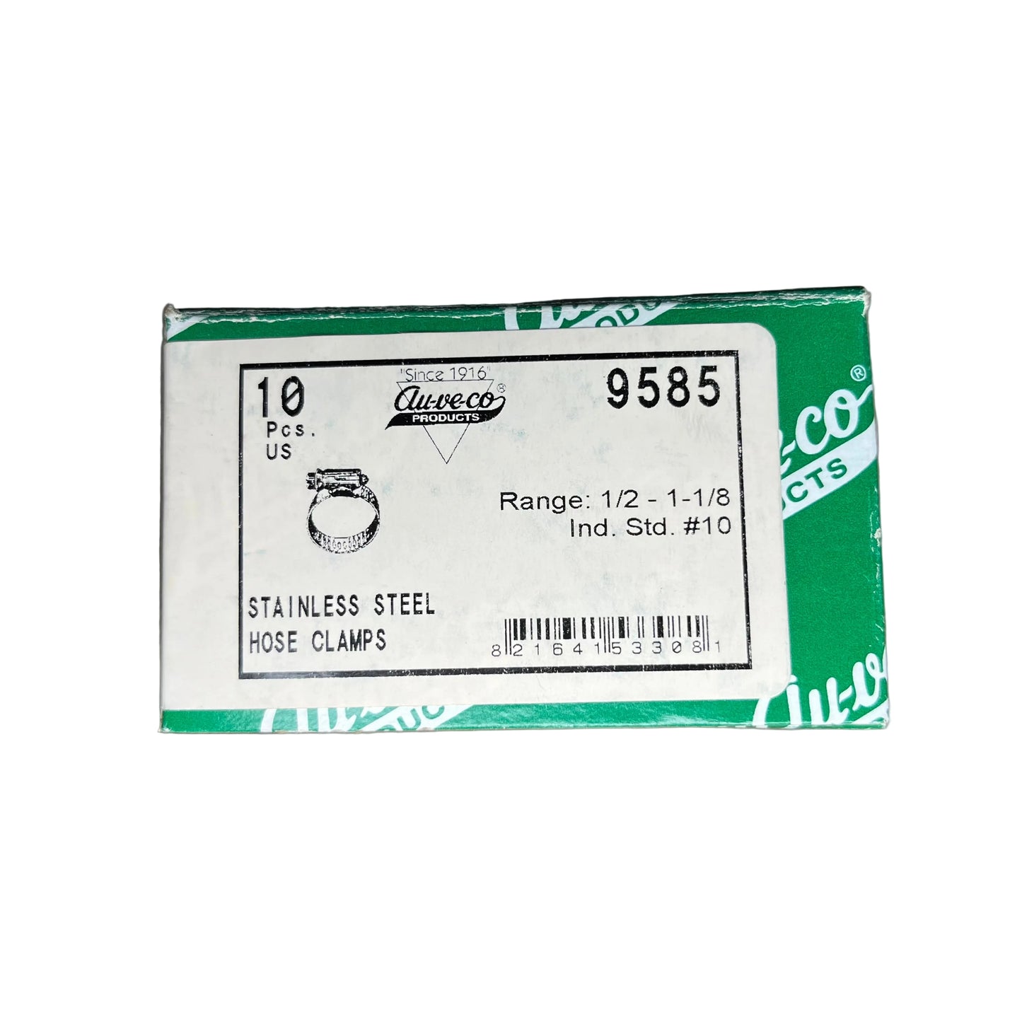 Auveco 9585 1/2 to 1-1/8" Hose Clamp, 9/16" Wide, All Stainless Steel (Qty: 10)