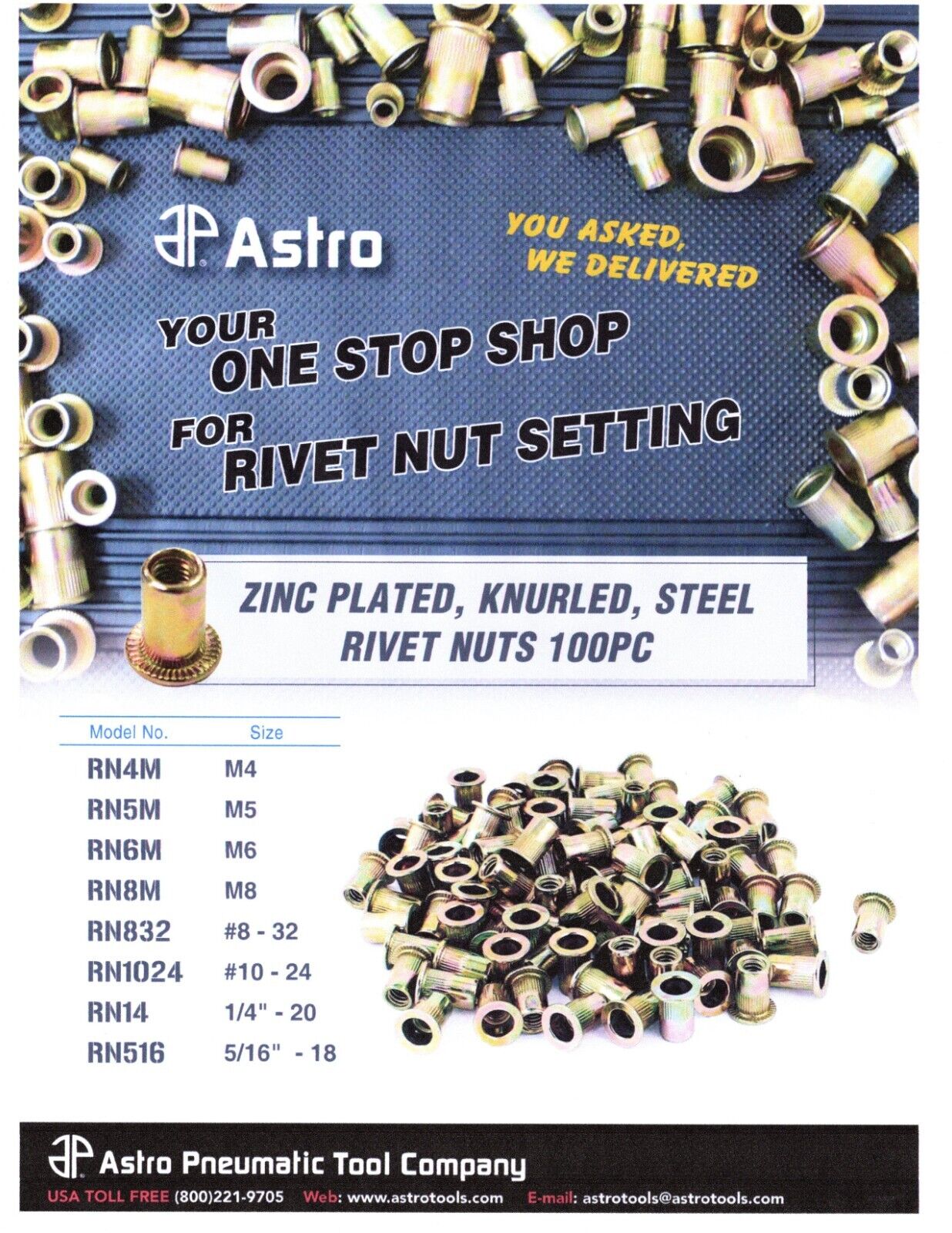 Astro Pneumatic AST-RN8M 8 mm Steel Rivet Nuts (Nut Serts) (Nut Setter) 25pc