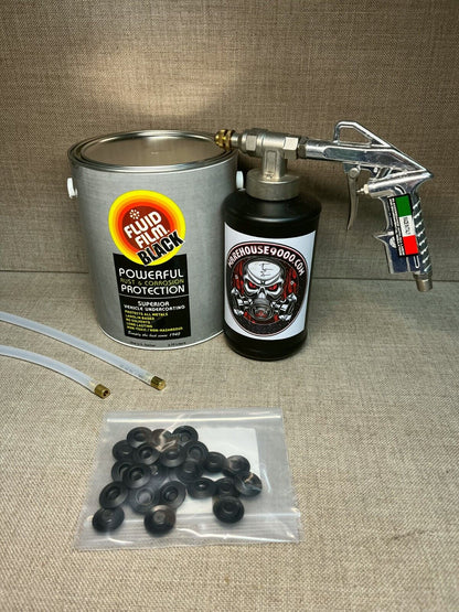 Gallon Fluid Film Black, Pro Undercoating Spray Gun, 1 Quart Bottle, 2 Spray Wands, and 50 Rust Plugs