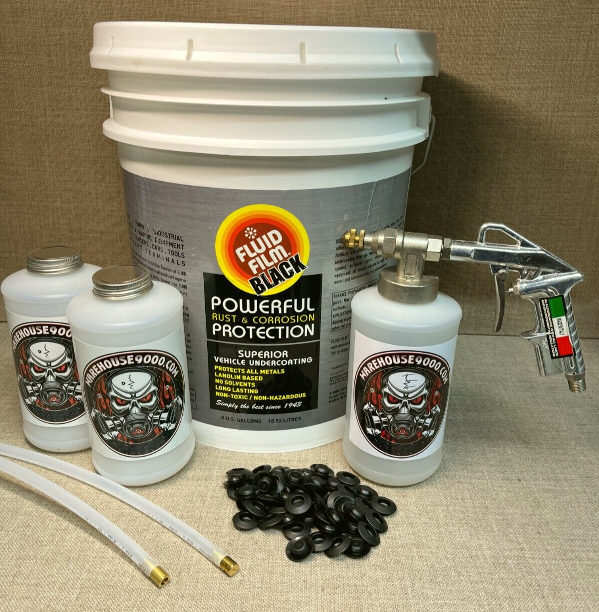 Pail Fluid Film Black, Pro Undercoating Gun, 2 Wands, 3 Quart Bottles, and 50 RP