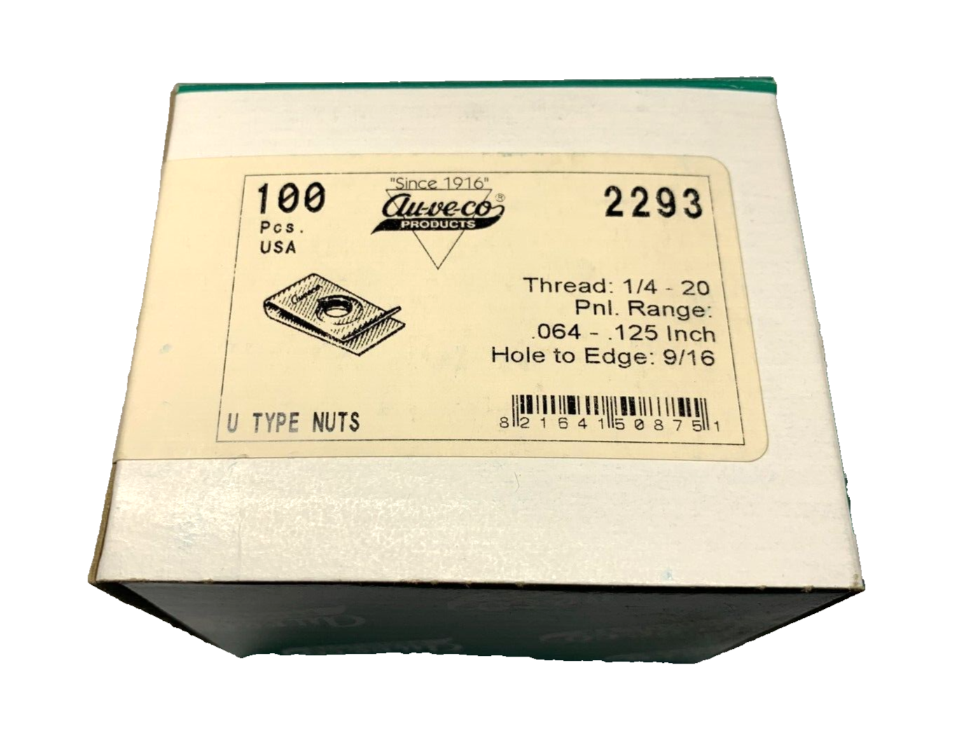 100 Aveco 2293 U Type Nuts Thread 1/4 - 20, Panel Range: .064 - .125 Inch