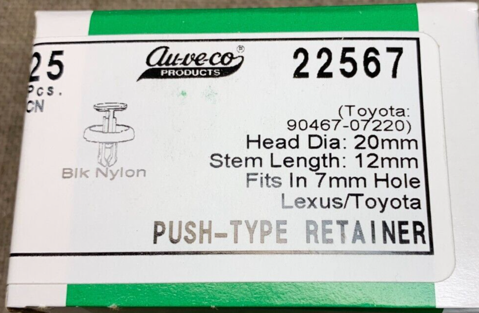 25 Auveco 22567 Push-Type Retainer, 20mm Head, for Toyota & Lexus 90467-07220
