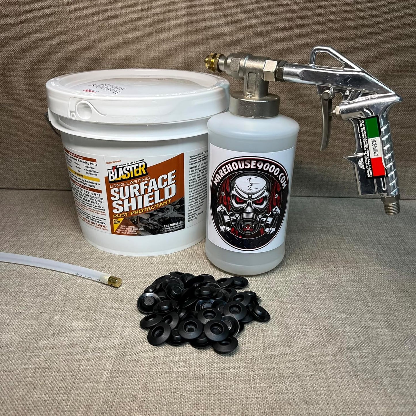 Gallon PB Blaster Surface Shield, Pro Undercoating Spray Gun, 360* Wand, 1 Quart Bottle, and 50 Rust Plugs