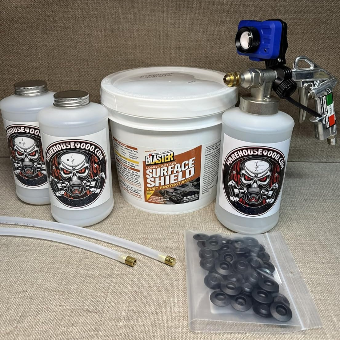 Pro Undercoating Gun Kit with Gallon PB Blaster, Spray Gun Light, Spray Undercoating Gun, 2 Wands, 3 Quart Bottles, and 50 Rust Plugs
