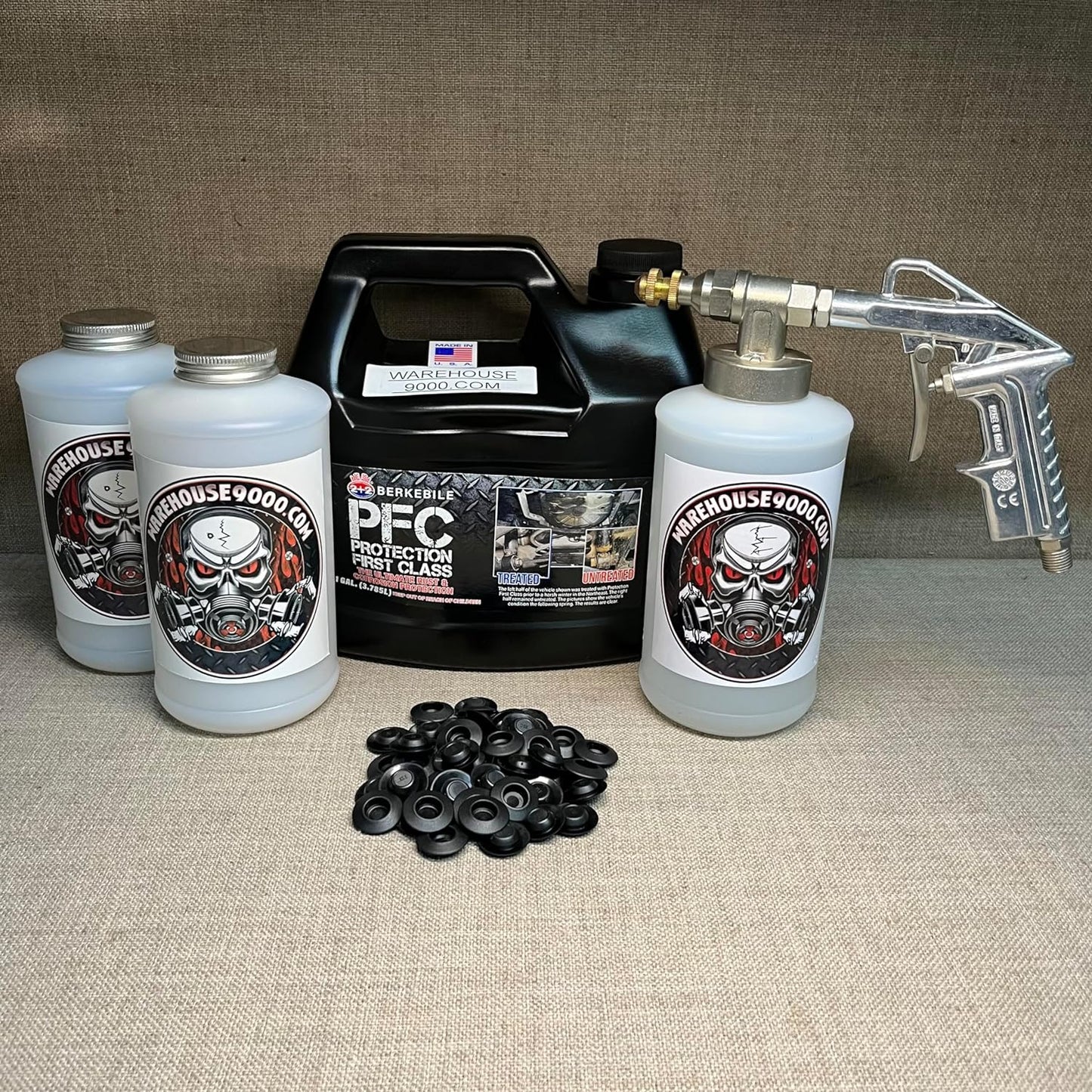 Gallon PFC Amber, Pro Undercoating Spray Gun, 3 White Quart Bottles, and 50 Rust Plugs