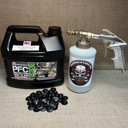 Gallon PFC Black, Pro Undercoating Spray Gun, 1 White Quart Bottle, and 50 Rust Plugs