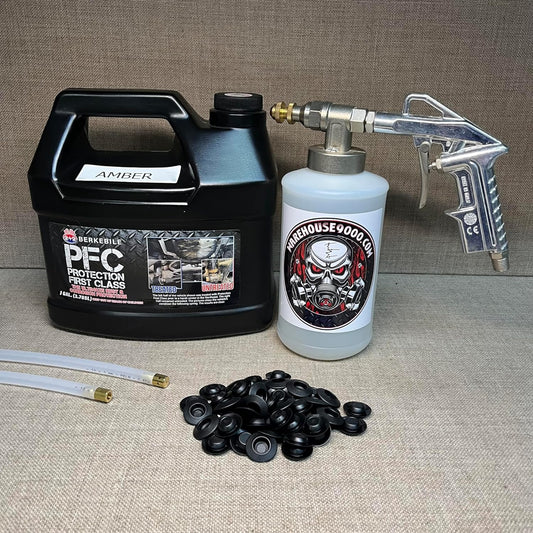 Gallon PFC Amber, Pro Undercoating Spray Gun, 2 Wands, 1 White Quart Bottle, and 50 Rust Plugs