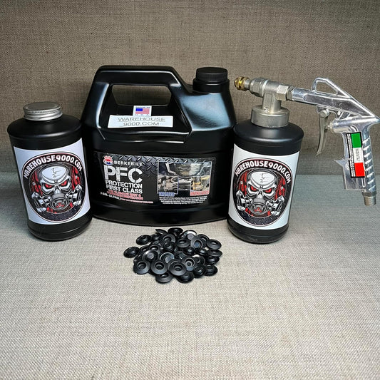 Gallon PFC Amber, Pro Undercoating Spray Gun, 2 Black Quart Bottles, and 50 Rust Plugs